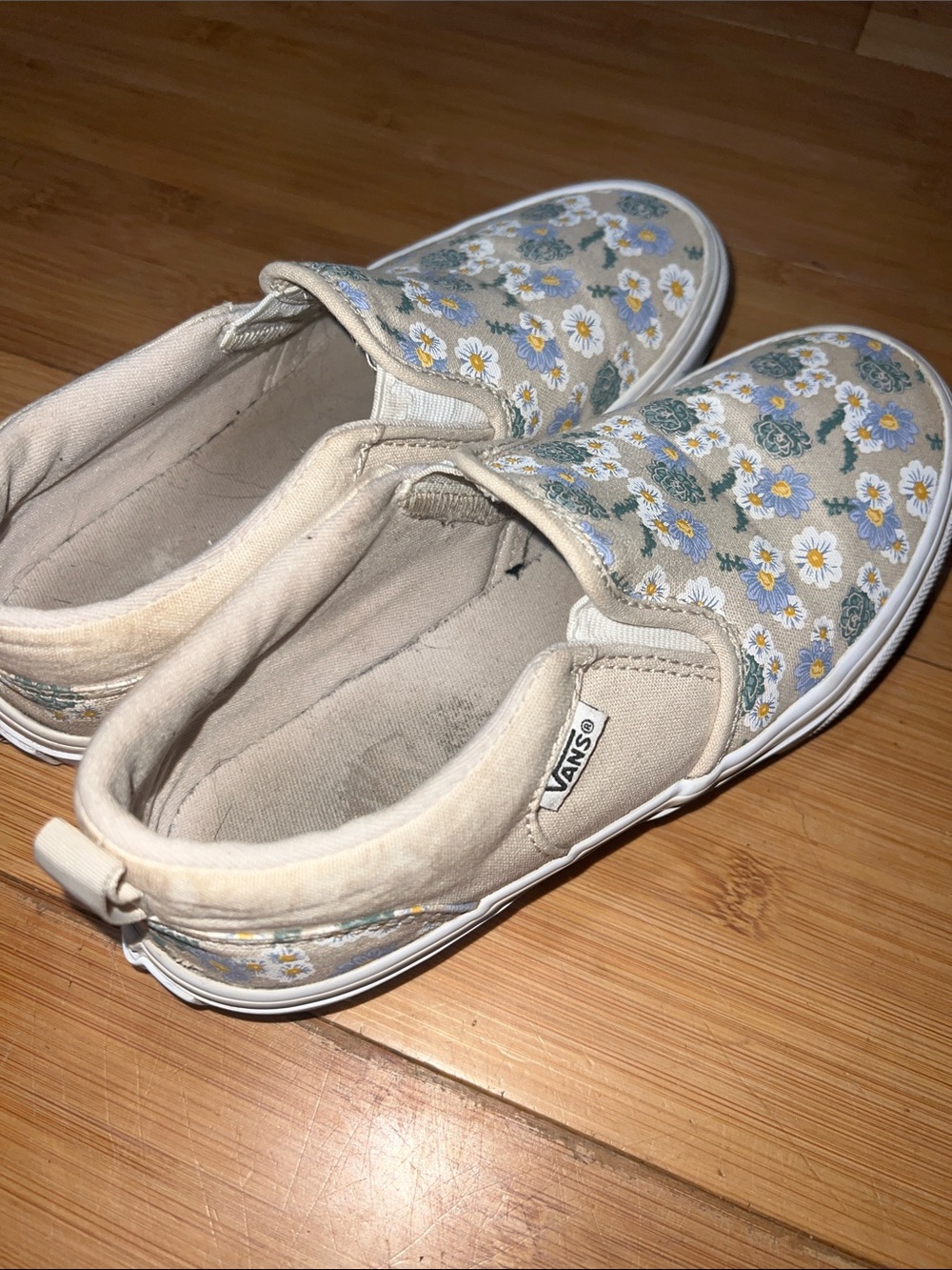 Vans Kids Beige Floral Slip-On Sneakers with White and Yellow Daisies